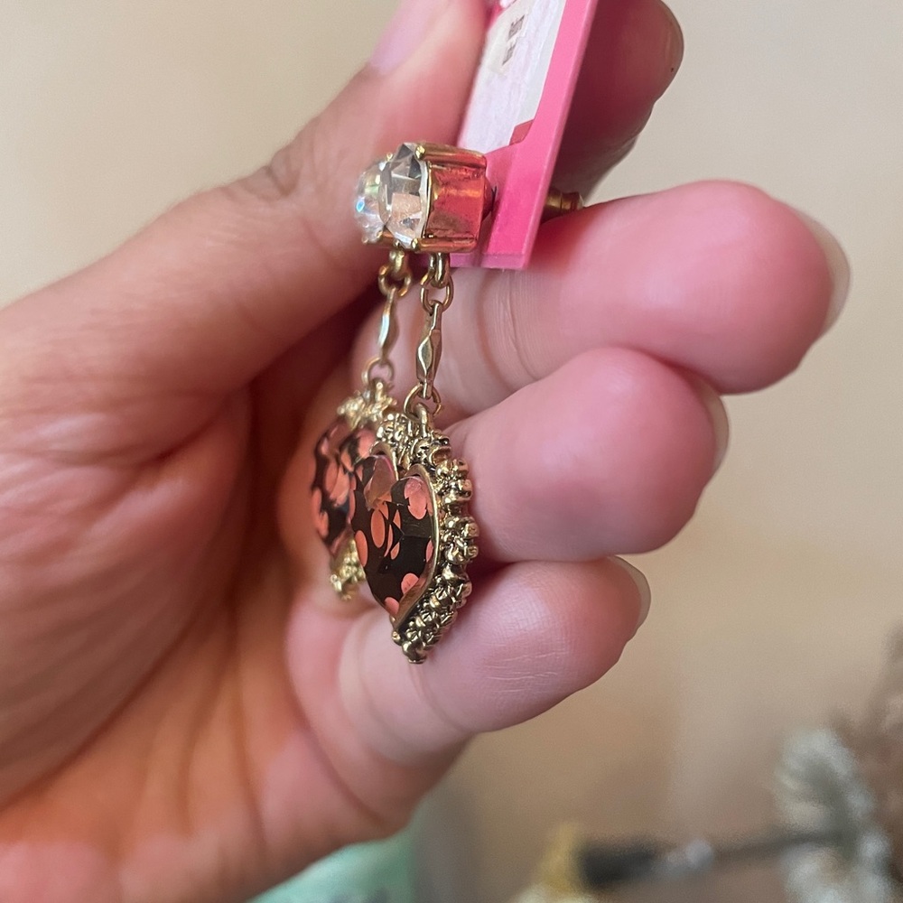 Betsey Johnson Gold and Pink Polka Dot Heart Earrings - Picture 3 of 4